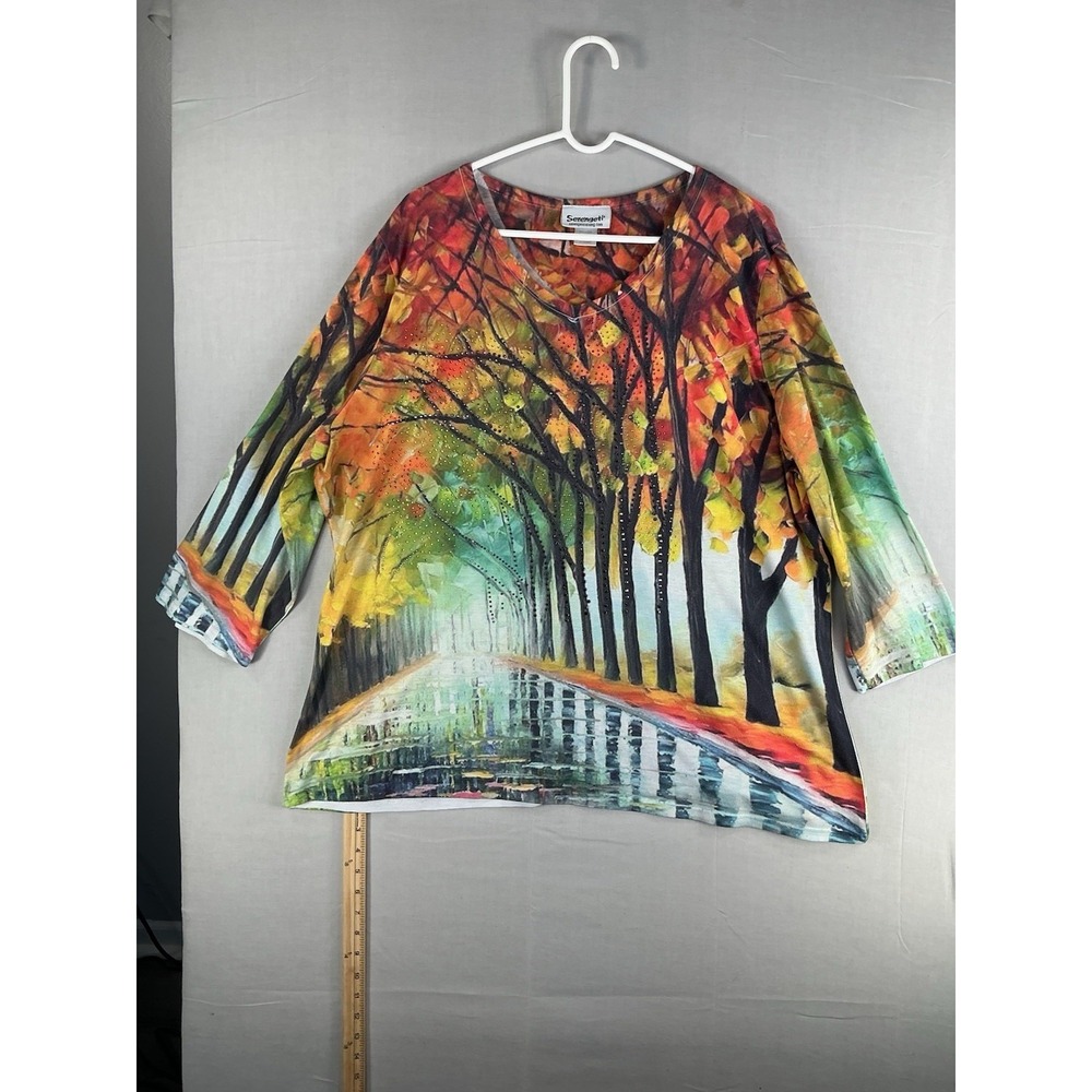 Serengeti Women's 2X Artistic Fall Trees Rhinestone Top 3/4 Sleeve Multicolor